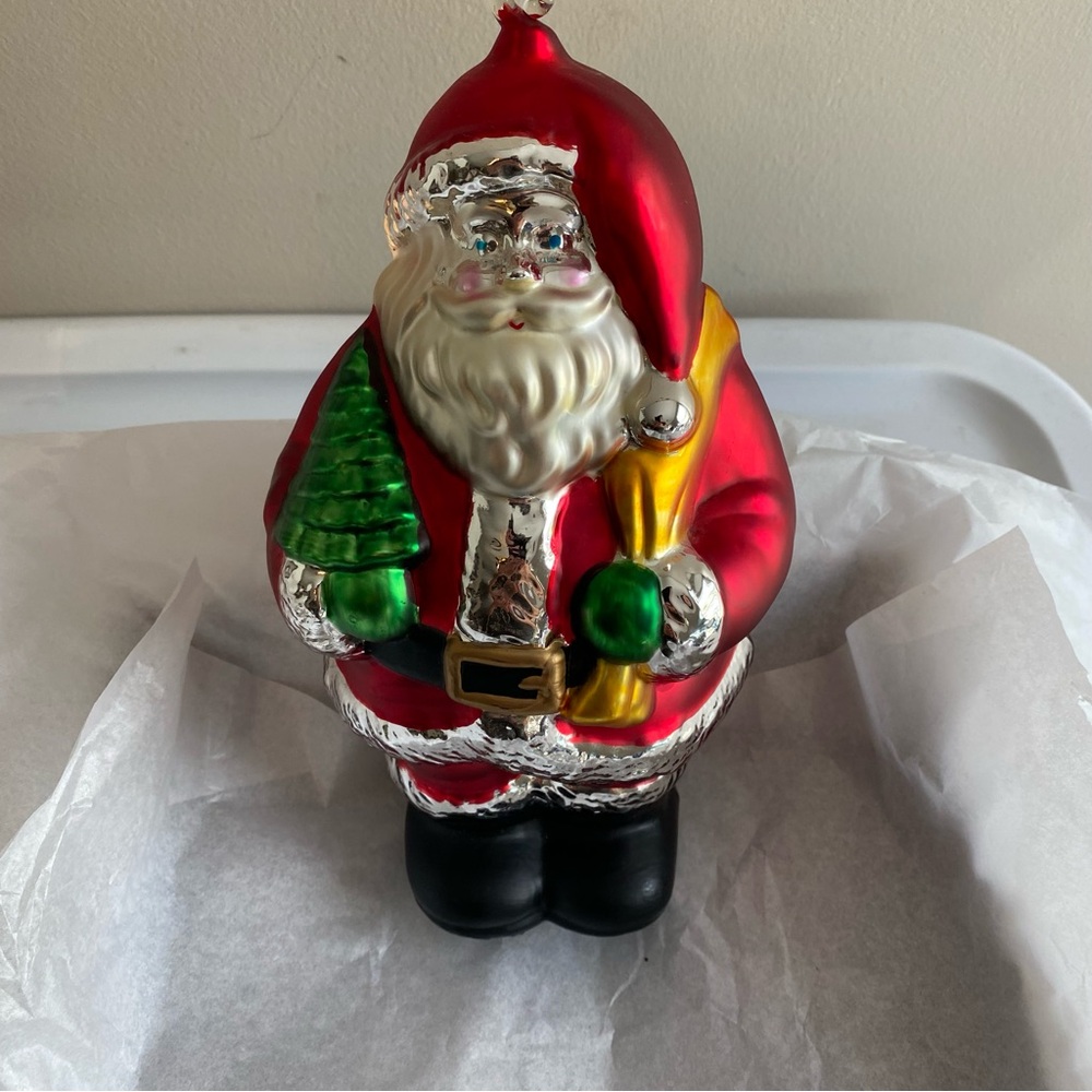 Vintage Trim A Home Blown Glass Hand Painted 9” Santa Christmas Ornament Decor